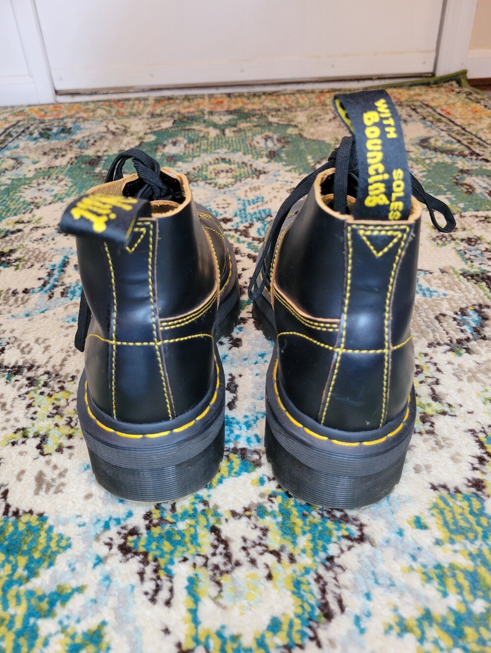Dr. Martens Church Quad Platform Monkey Yellow Stitching Leather Boots, W9 M8 - Picture 7 of 10